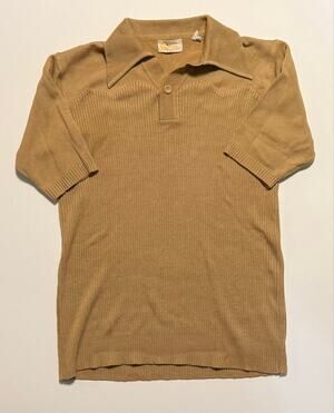 Vintage 1970s Pebble Beach Sportswear Ribbed Knit Polo Shirt Mens L Tan Acrylic